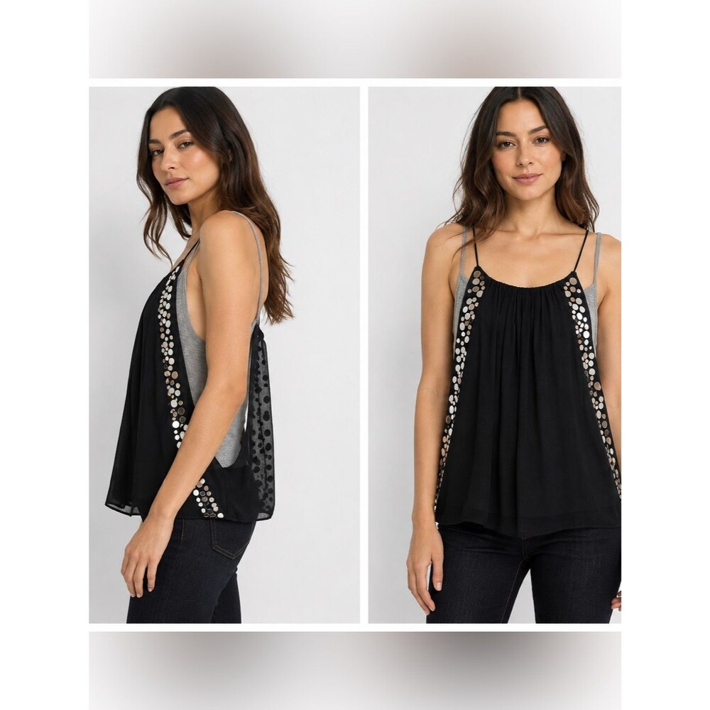 Robert Rodriguez Black Silk Chiffon Mirror Disc Embellished Layered Tank Top 12